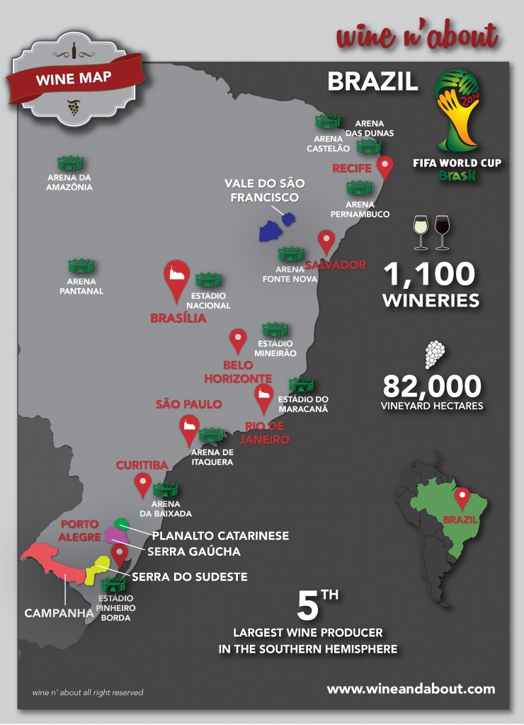 Highlighted the main wine regions, the main cities and the stadiums of the FIFA World Cup 2014
