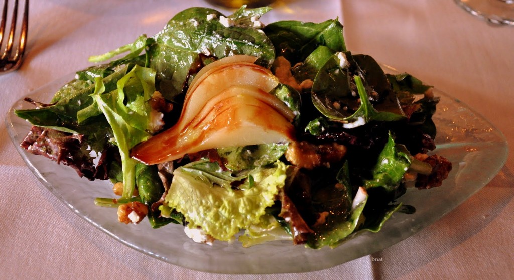 Pear and Walnut Salad - Organic baby greens, goat cheese, apple cider vinaigrette, and port wine syrup