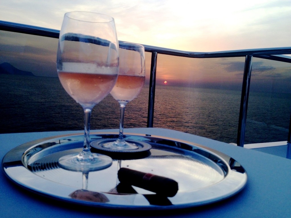 wine glasses sunset